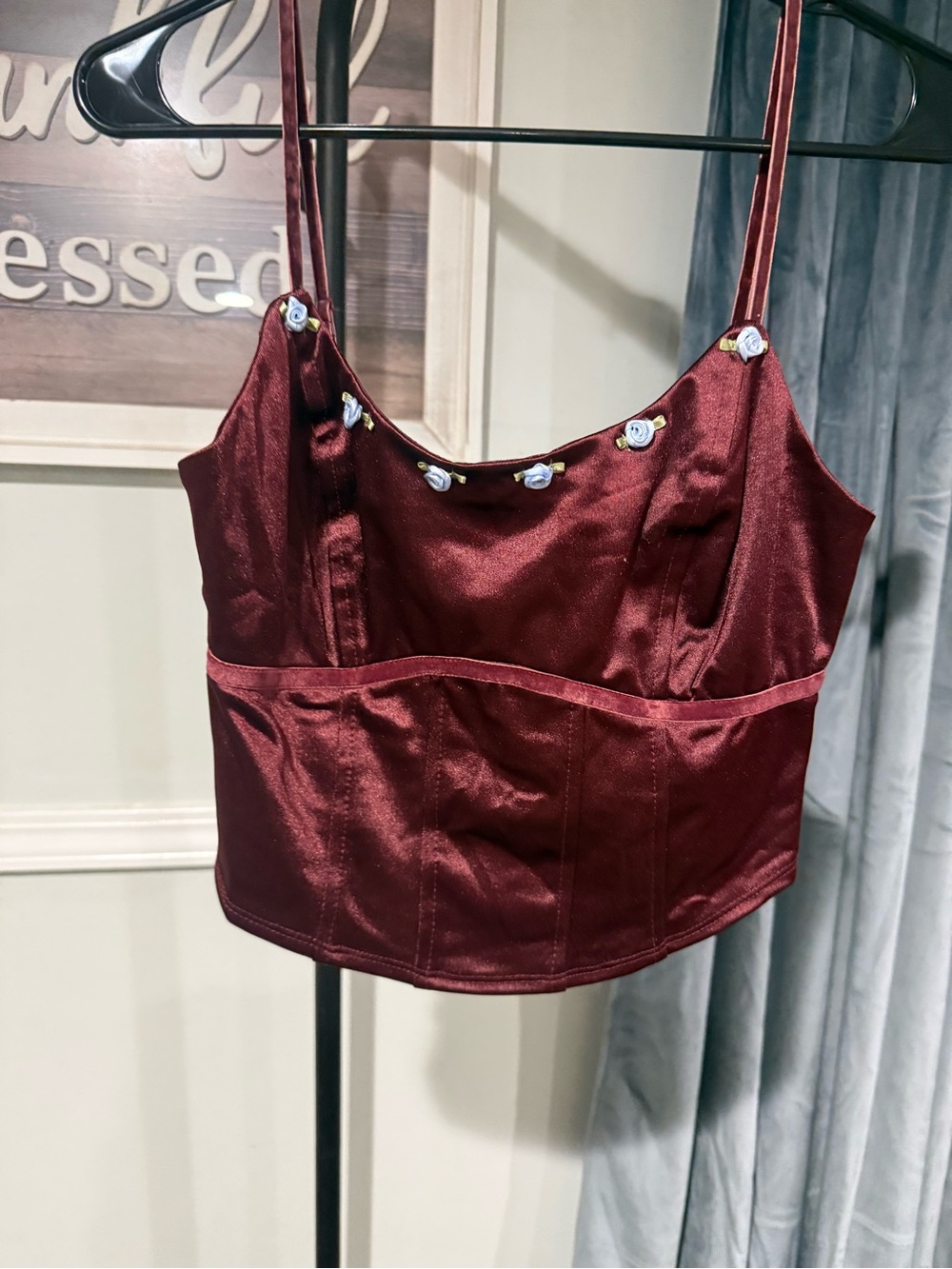 Wild Fable Burgundy Satin Crop Top with Blue Rose Appliqués